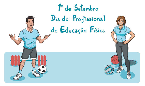 Ilustração de profissionais de educação física próximos do escrito “1º de setembro — Dia do Profissional de Educação Física”.