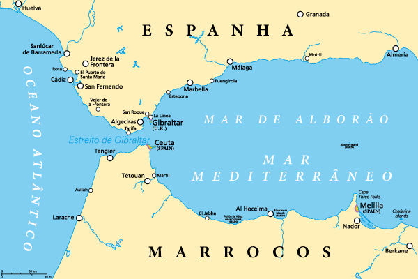 Mapa do estreito de Gibratar.