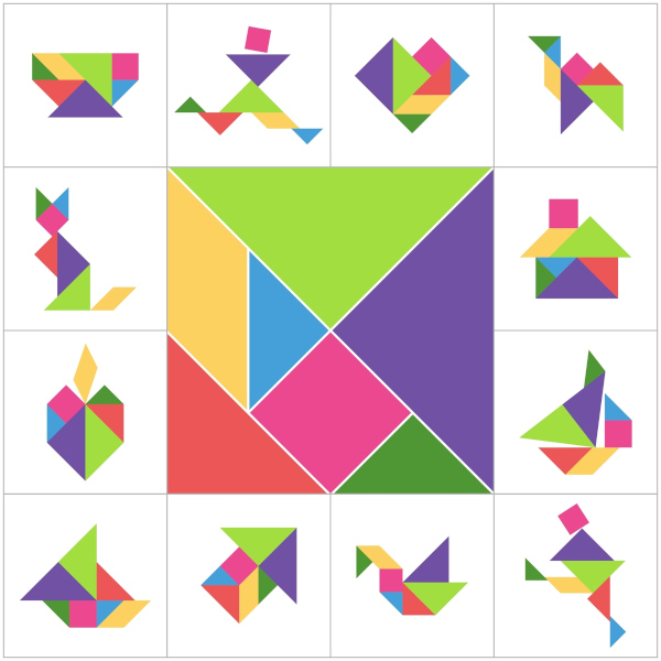 Diferentes figuras contruídas com o tangram.