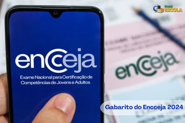 Tela de celular mostra logo do Encceja. Texto Gabarito do Encceja 2024.