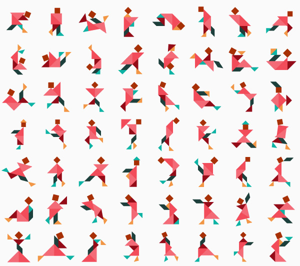 Representação de pessoas em diferentes posições criadas no tangram.