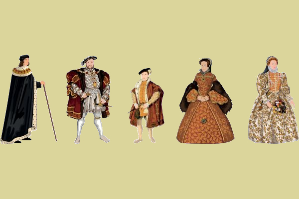 Os cinco monarcas da Dinastia Tudor representados em ilustração.