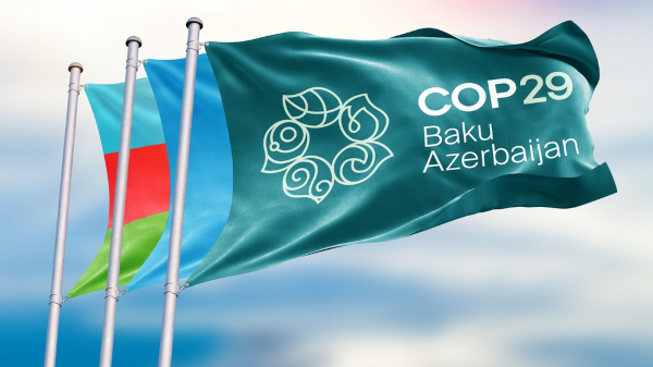 Bandeira da COP29, que ocorre no Azerbaijão.