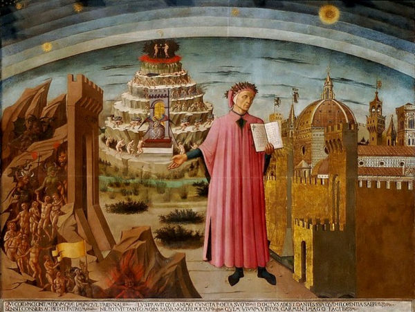 Dante e os lugares retratados na “Divina Comédia”: o inferno, o céu e o purgatório.