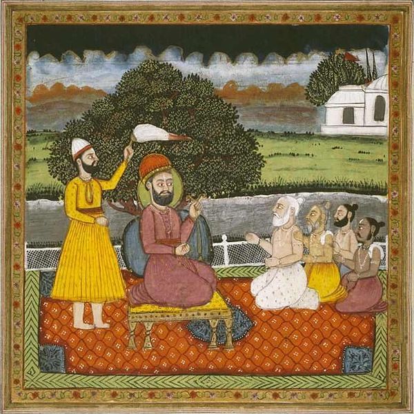 Guru Nanak, fundador do sikhismo, explicando ensinamento siques aos sadhus.