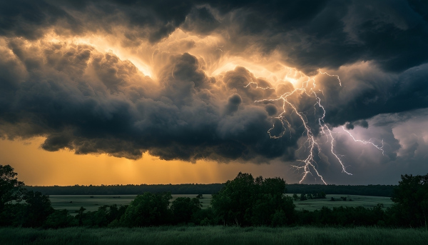 Vista de céu com tempestade e raios, um exemplo de fenômeno natural meteorológico.