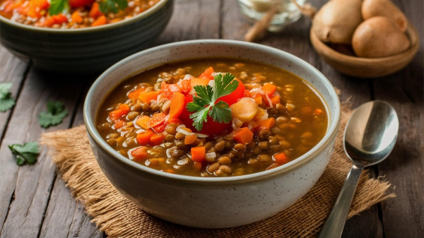 Sopa de lentilhas, alimento que é uma das tradições de Ano-Novo ou Réveillon.