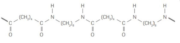 Representação química da poliamida, formada por polimerização de condensação.