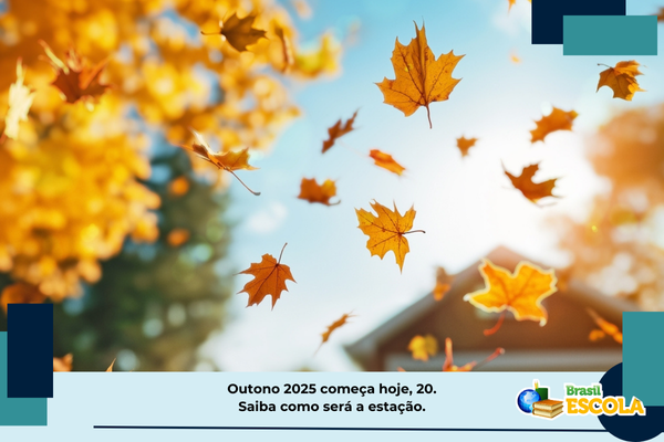 Folhas alaranjadas caisndo. Texto outono 2025