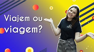 Título "Viagem ou viajem?" escrito em fundo degradê de roxo e amarelo com imagem da professora ao lado.