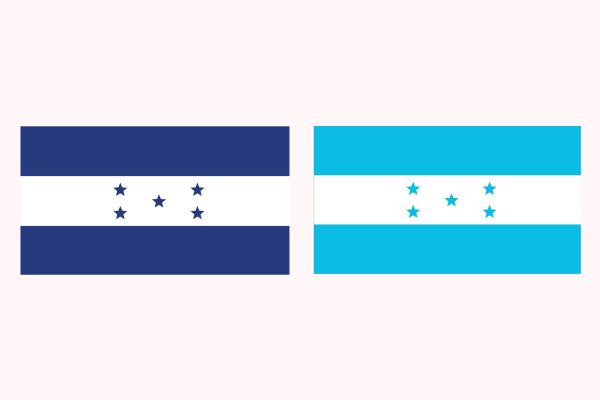 À esquerda, a antiga cor da bandeira de Honduras, azul-escuro; à direita, a atual, azul-turquesa. A mudança ocorreu em 2022.