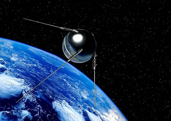 Sputnik I orbitando a Terra, o satélite soviético foi lançado durante a corrida espacial da Guerra Fria.