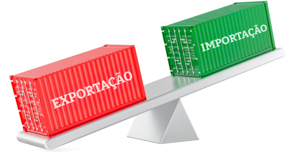 Ilustração de dois contêineres de importação e exportação equilibrados sobre uma balança comercial.
