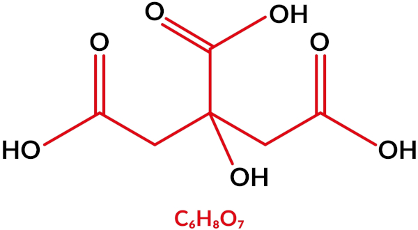 Fórmula estrutural em bastão do ácido cítrico. Logo abaixo, sua fórmula molecular.