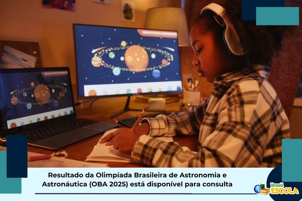 Resultado da OBA 2025 Estudante em mesa de estudos e computador mostra ilustração do universo e planetas