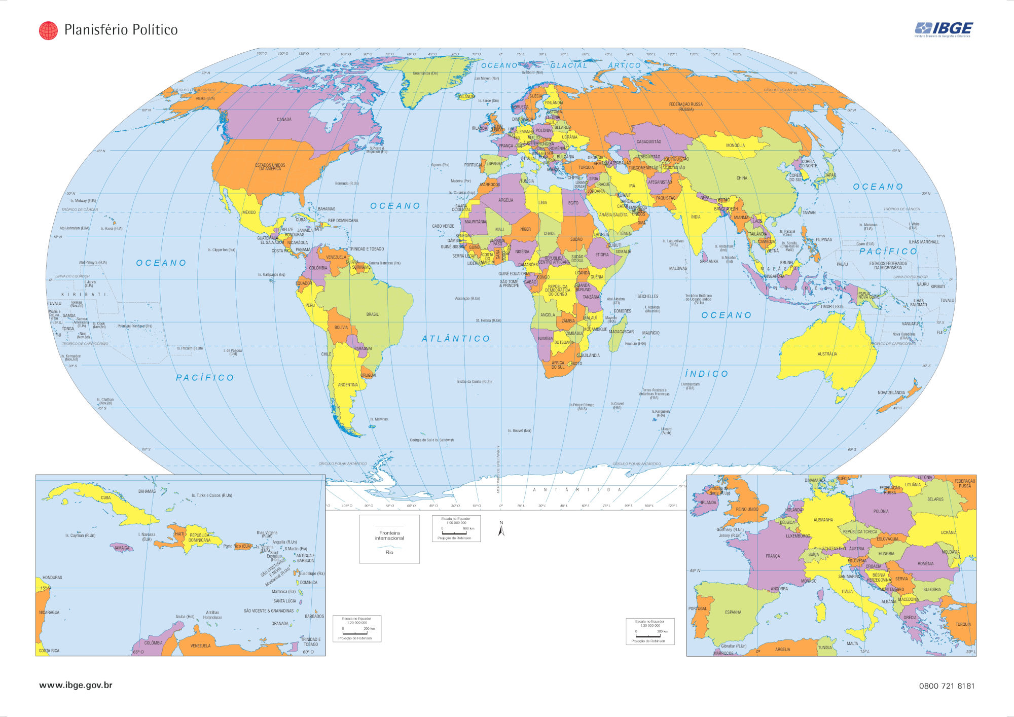 Exemplo de mapa-múndi (ou mapa do mundo) com todos os países.
