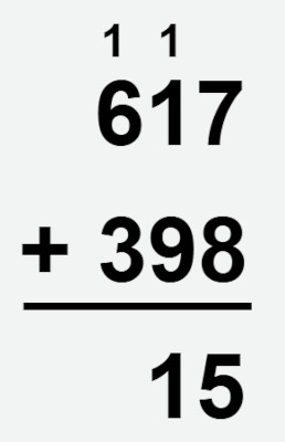 Exemplo de uma adição com reagrupamento entre dois números, com resultado.