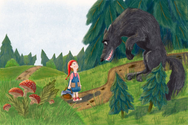 Ilustração de Chapeuzinho Vermelho e o Lobo Mau, um exemplo de antropomorfismo.