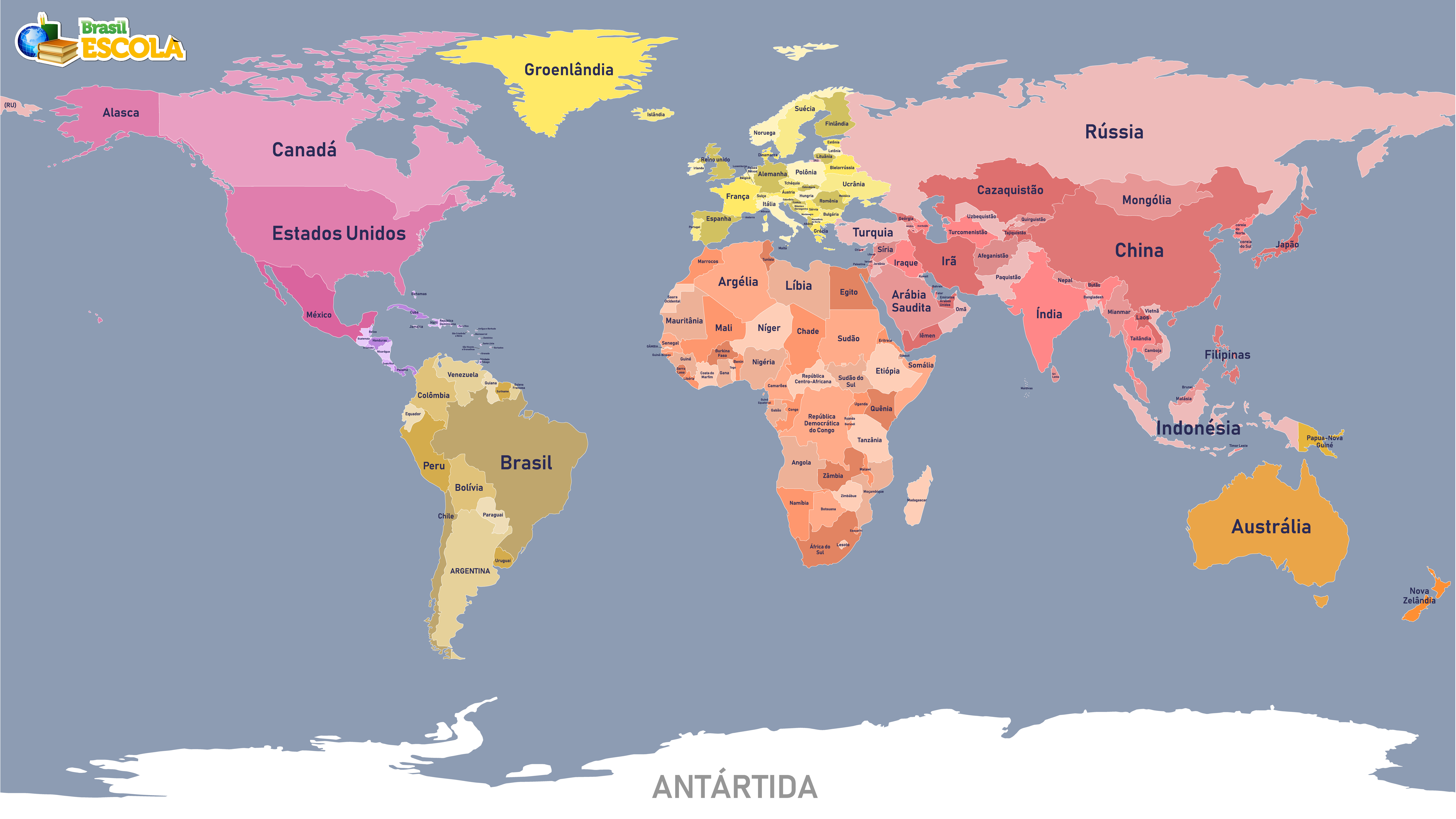 Mapa-múndi ou mapa do mundo com a identificação dos países.