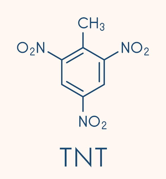 Fórmula estrutural da molécula de trinitrotolueno (TNT), um nitrocomposto.