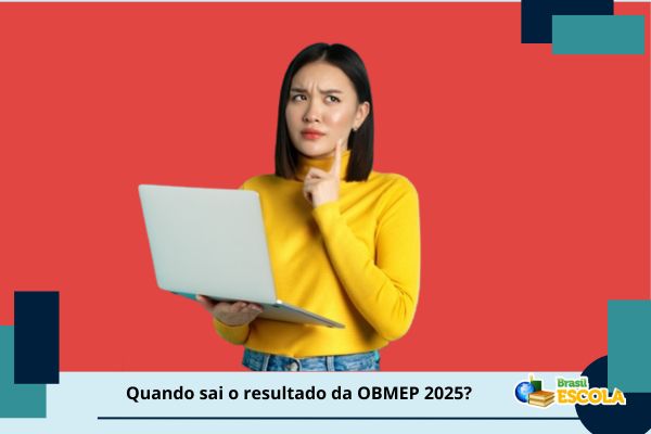 Mulher pensativa com fundo vermelho. Texto na imagem: Quando sai o resultado da OBMEP 2025?