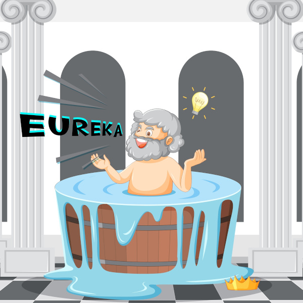 Ilustração representativa do momento em que Arquimedes grita “Eureka” ao descobrir sobre o empuxo.