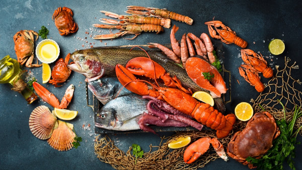 Peixes, caranguejo, lagosta e camarões, exemplos de alimentos de origem animal.