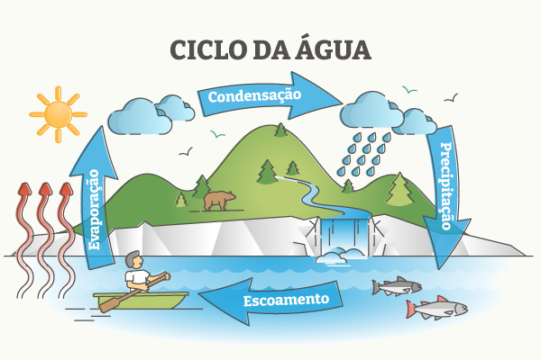 Representação das etapas do ciclo biogeoquímico da água.