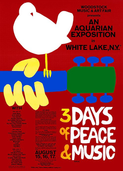 Figura de uma pomba no braço de uma guitarra, em folheto de divulgação do Festival de Woodstock.