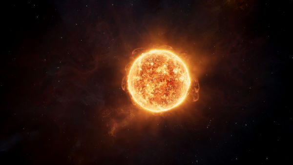 Vista do Sol, estrela que realiza fusão nuclear.