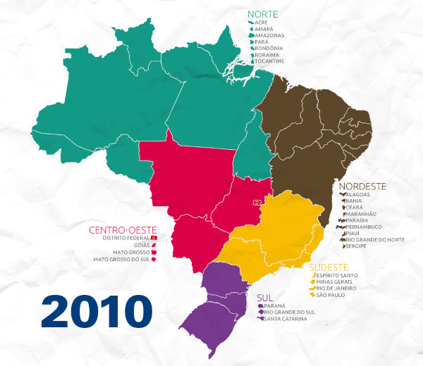 Mapa feito em 2010 mostrando a regionalização do Brasil feita pelo IBGE em 1990.