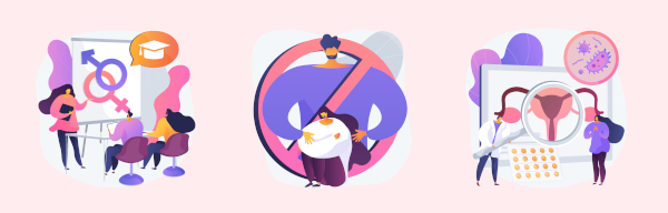 Alt: Personagens em situações de sala de aula, assédio e instruções de saúde, em alusão aos temas abordados na educação sexual. [imagem_principal]