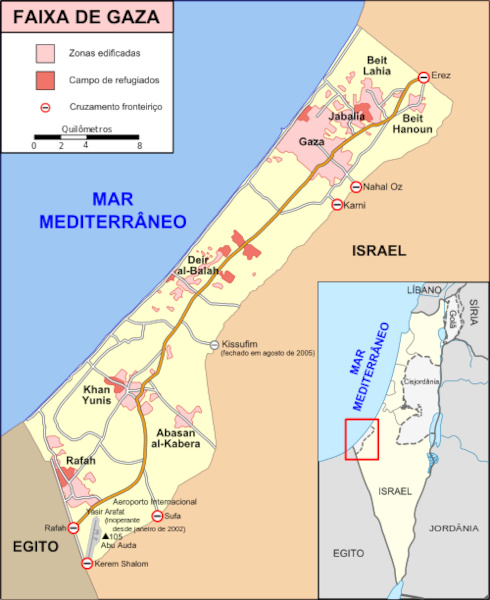 Mapa com localização da Faixa de Gaza, entre Israel e Egito, região que mais sofreu com a Guerra entre Israel e Hamas.[1]