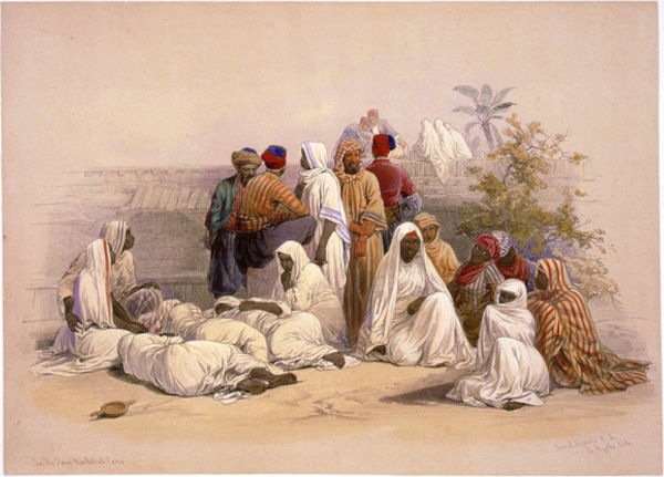 Representação de um mercado de escravos no Egito datado de aproximadamente 1848.