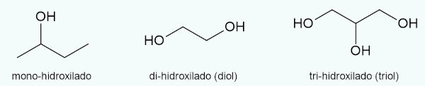 Exemplo de álcoois classificados de acordo com o número de hidroxilas da cadeira.