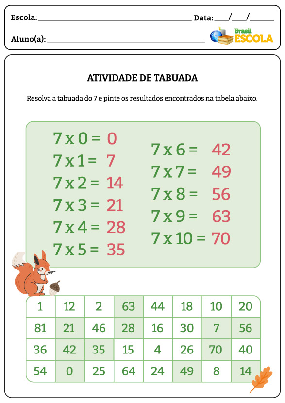 Tabuada do 7 com ilustração de um esquilo e quadro com números.
