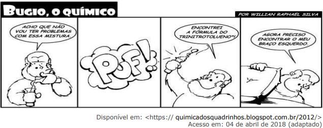 Tirinha com um personagem químico produzindo um nitrocomposto explosivo.