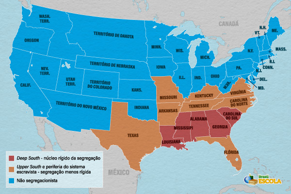 Mapa dos Estados Unidos com estados que tinham as Leis Jim Crow. 