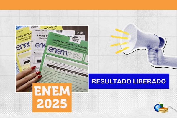 Foto dos cadernos de prova do Enem. Texto: título da notícia.