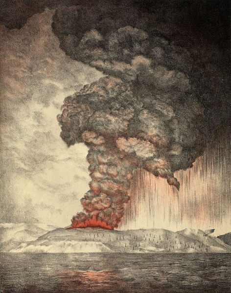 Litografia representando a erupção do vulcão Krakatoa em 1883, considerada a maior do mundo.