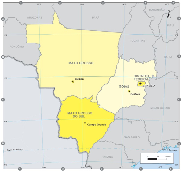 Mapa do IBGE com os estados e capitais da Região Centro-Oeste do Brasil.