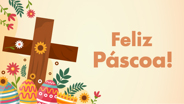 Texto "Feliz Páscoa" ao lado de cruz e ovos de páscoa.