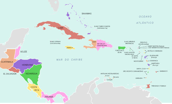 Mapa com os países e localização do Caribe.
