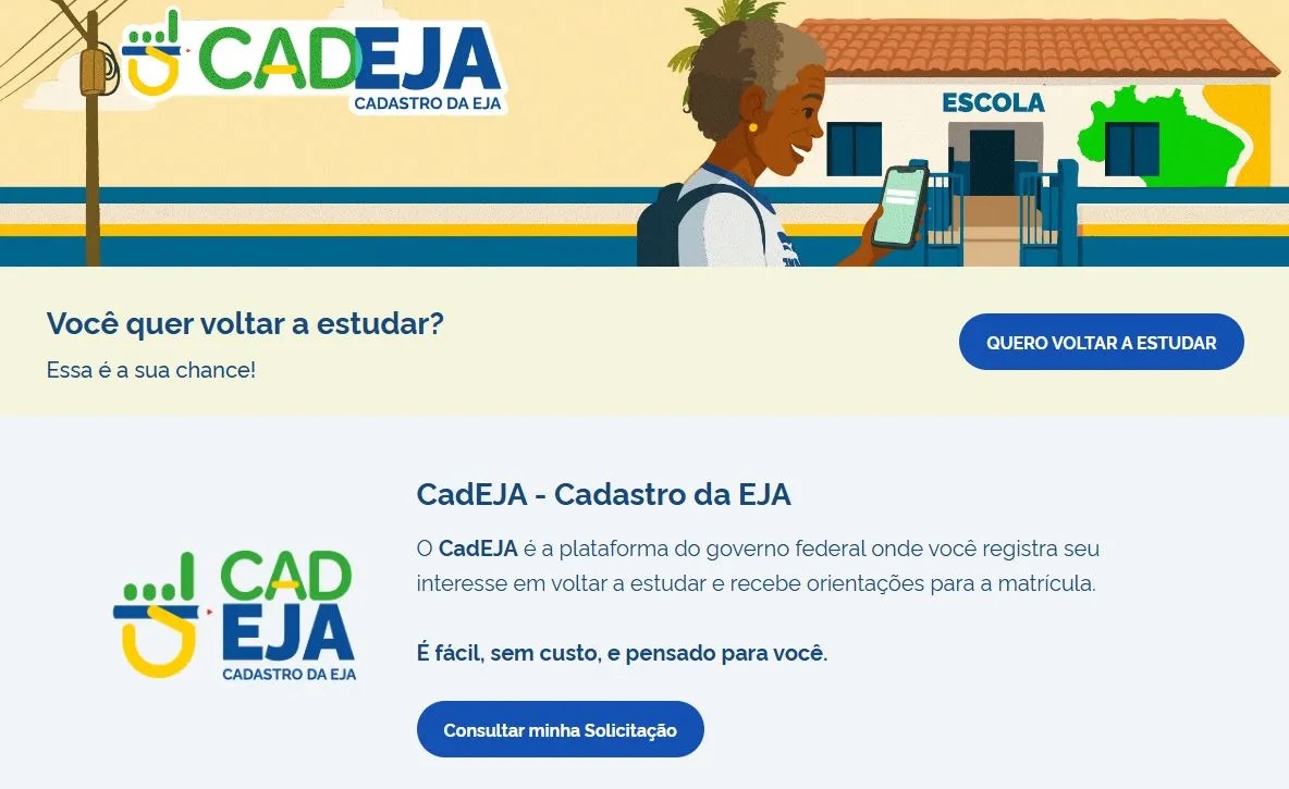 Página inicial do site do CadEJA com botão “Quero voltar a estudar”.
