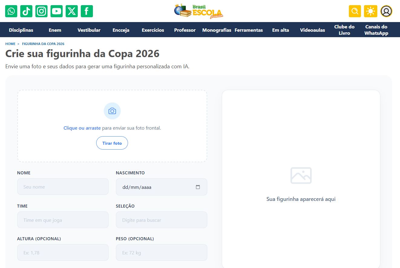 P&aacute;gina de cria&ccedil;&atilde;o de figurinha da Copa do Mundo 2026