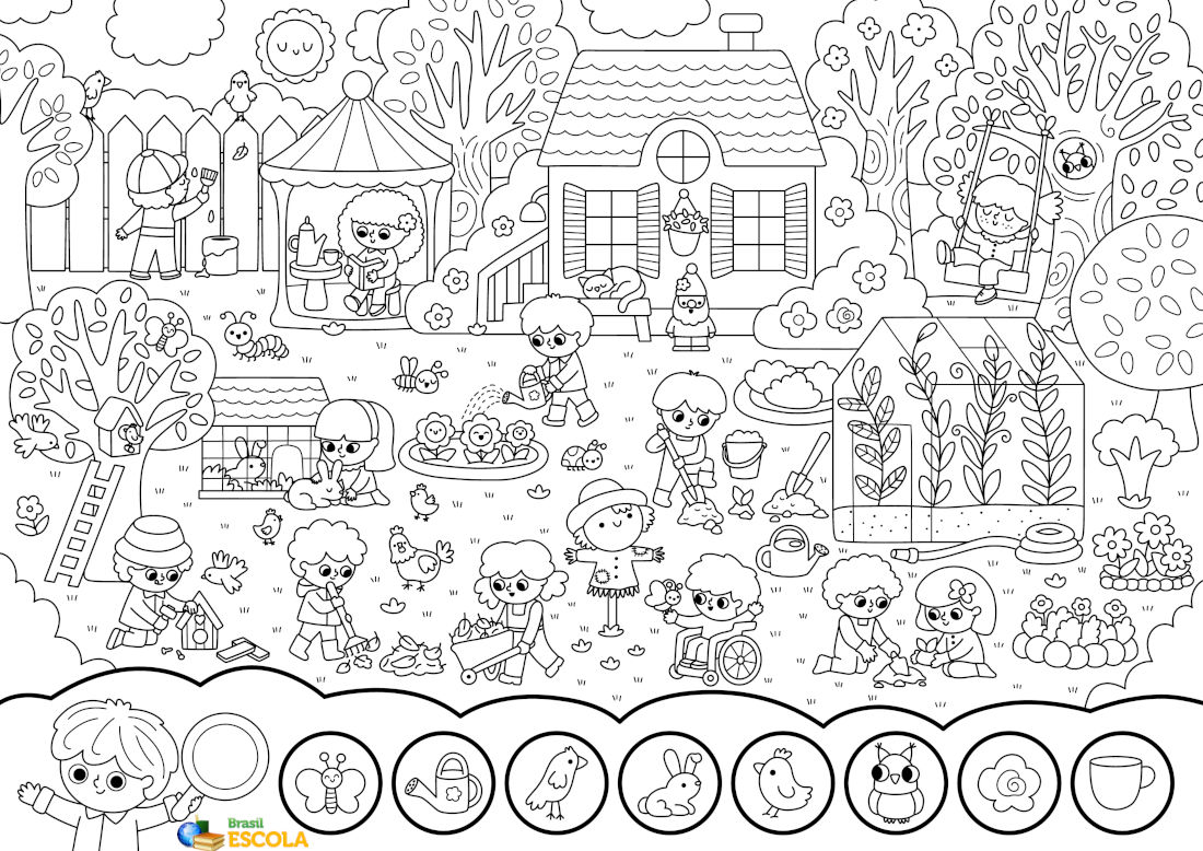 desenho de um jardim com objetos espalhados para pintar