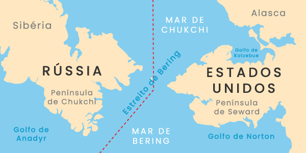 Mapa do Estreito de Bering mostrando Rússia, Alasca e as penínsulas de Chukchi e Seward.