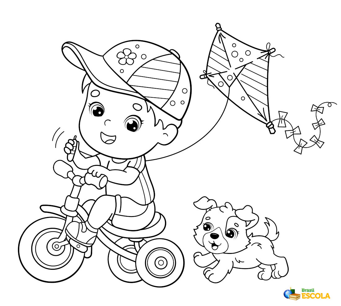 Desenho de um menino e seu cachorro soltando pipa para pintar