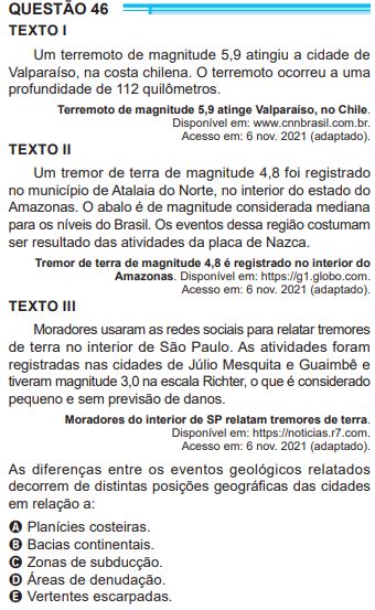 Quest&atilde;o sobre terremoto no Enem