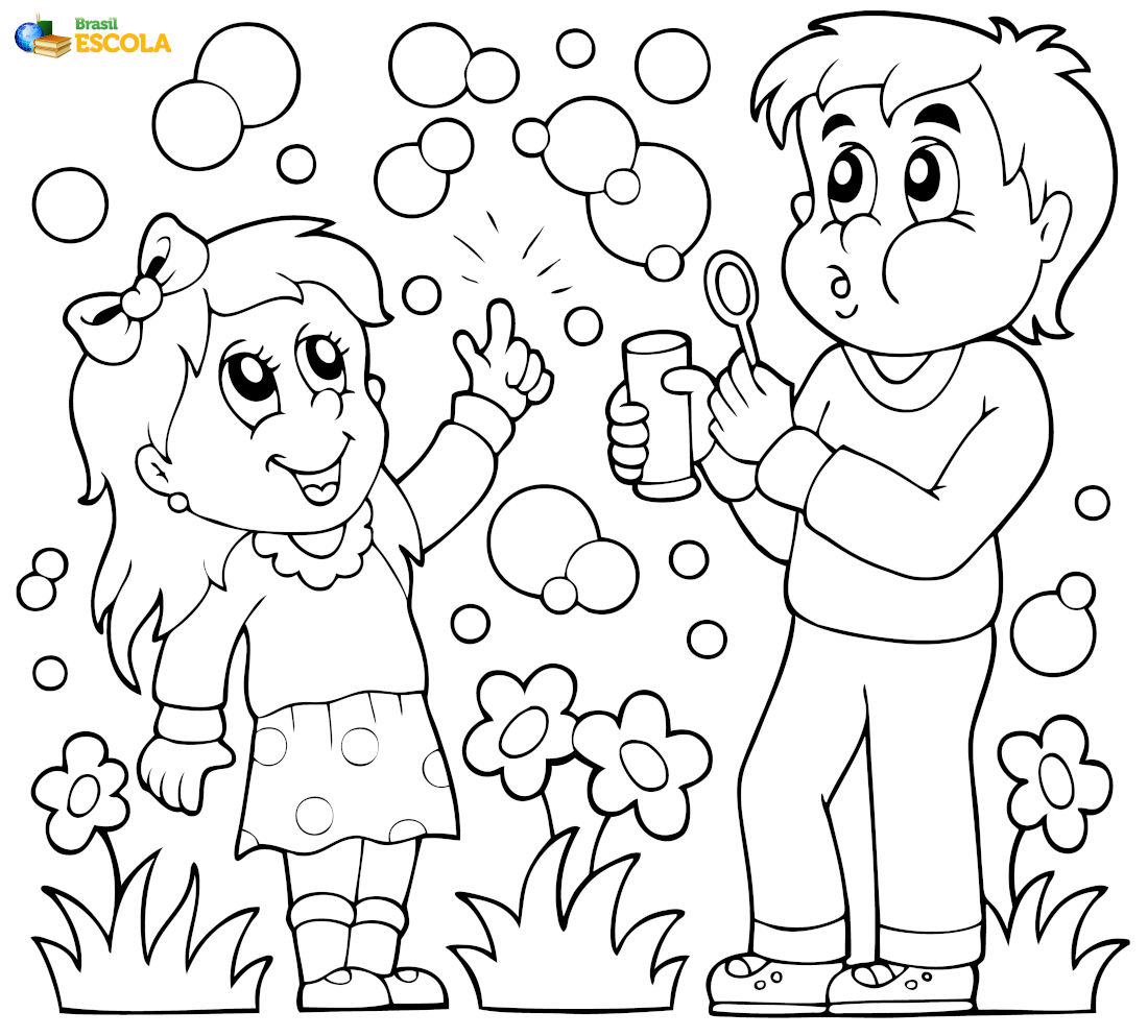 Desenho de crianças brincando com bolha de sabão para pintar